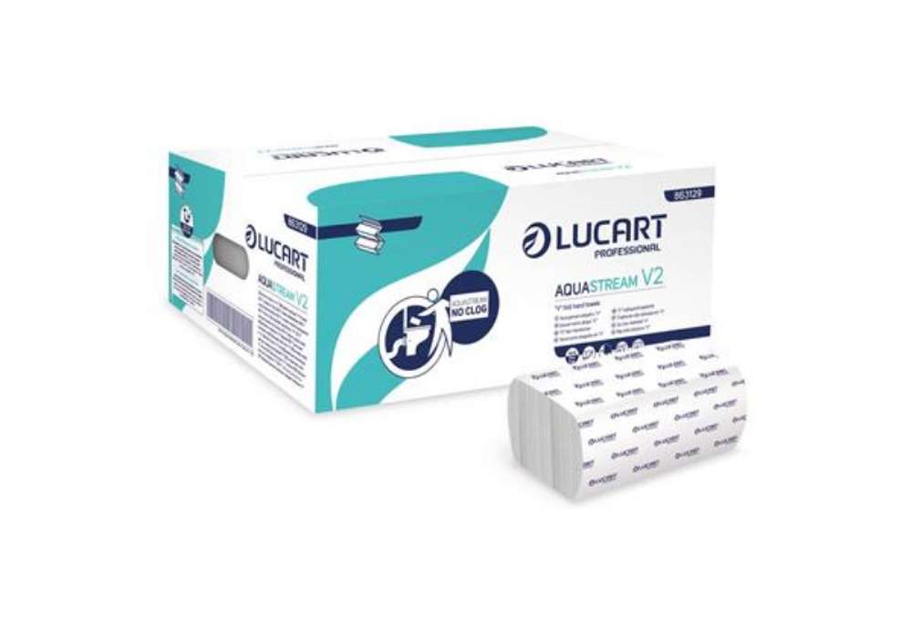Immagine di Asciugamano 2 veli Aquastream piegato a ''V'' - conf. 20 pacchetti Lucart Professional 170 foglietti