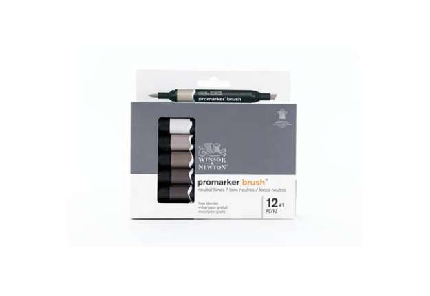 Immagine di Pennarelli Winsor&Newton Promarker Brush doppia punta scalpello-pennello - conf. 12 colori grigi + 1