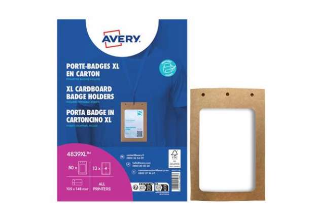 Immagine di Portabadge A6 - in cartoncino plastificato - laser/inkjet - 105 x 148 mm - Avery - Conf. 50 pezzi