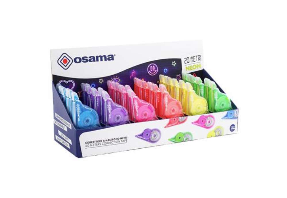 Immagine di Correttore a nastro 20 Metri - 5 mm x 20 m - involucro colori assortiti Neon - Osama - conf. 36 pezz