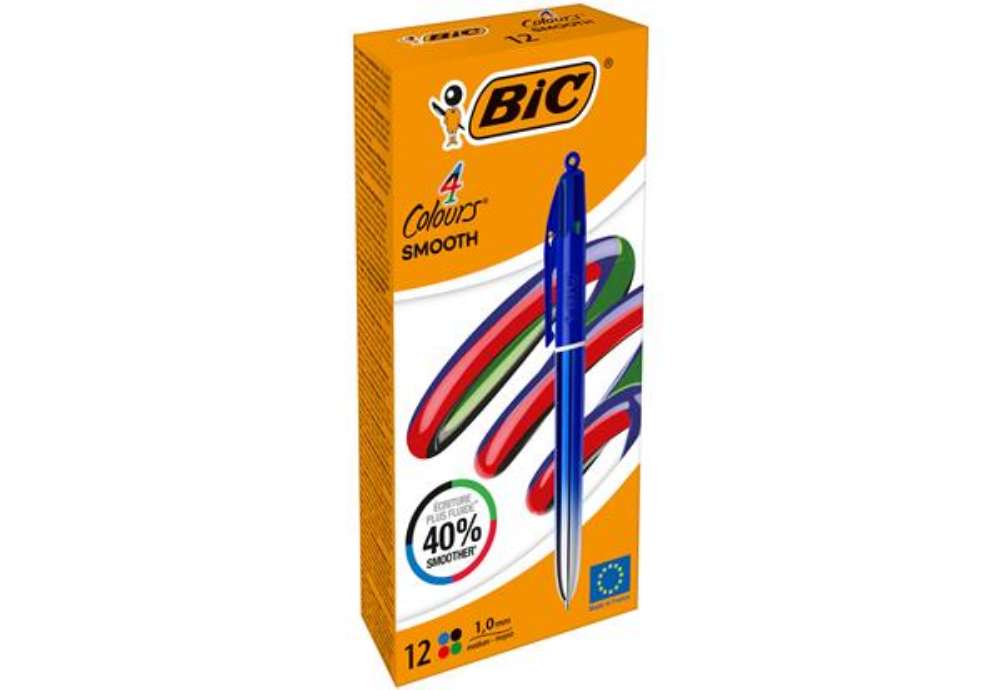 Immagine di Penna a sfera scatto multifunzione 4 Colours Smooth - punta 1,0 mm - fusto blu - Bic - conf. 12 pezz