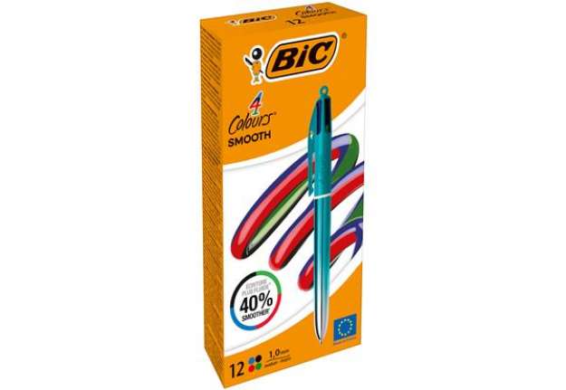 Immagine di Penna sfera a scatto 4 Colori Smooth - 1.0 mm - fusto verde acqua - Bic - conf. 12 pezzi