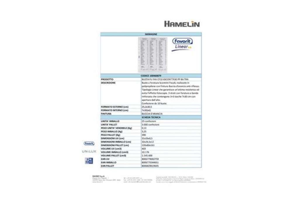 Immagine di Buste a foratura universale Favorit porta scontrini buccia d'arancia linear 7x30 cm (x6 tasche) conf