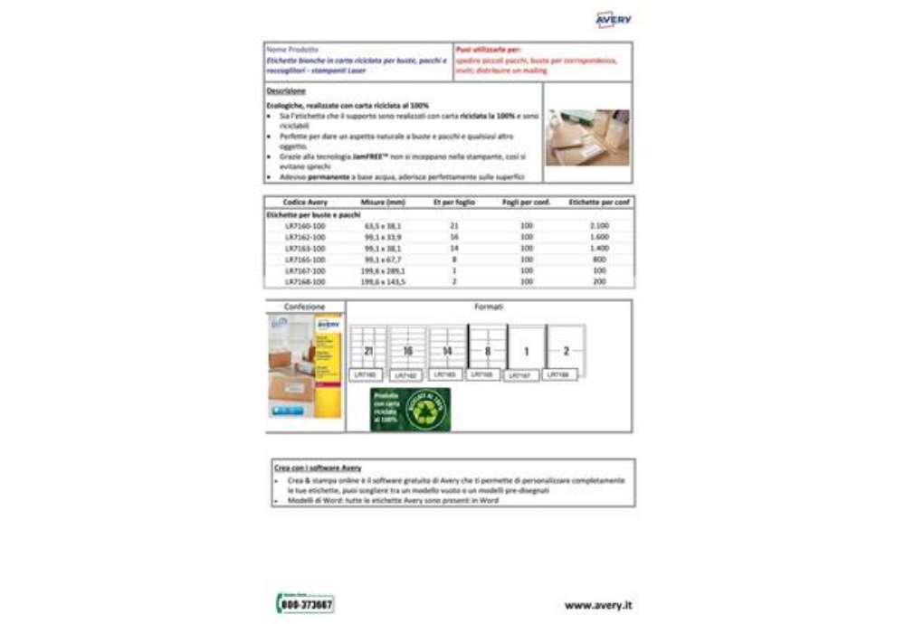 Immagine di Etichette in carta riciclata bianca per buste e pacchi Avery 99,1x67,7 mm - 8 et/foglio - Laser cf.